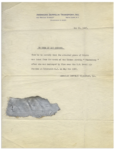 Piece of the Hindenburg Zeppelin After the 1937 Disaster -- With Letter of Provenance From American Zeppelin Transport, Inc.